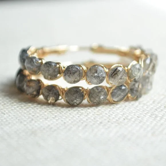 Black Rutilated Quartz Wire Wrapped Gold Hoops - Picture 2 of 11